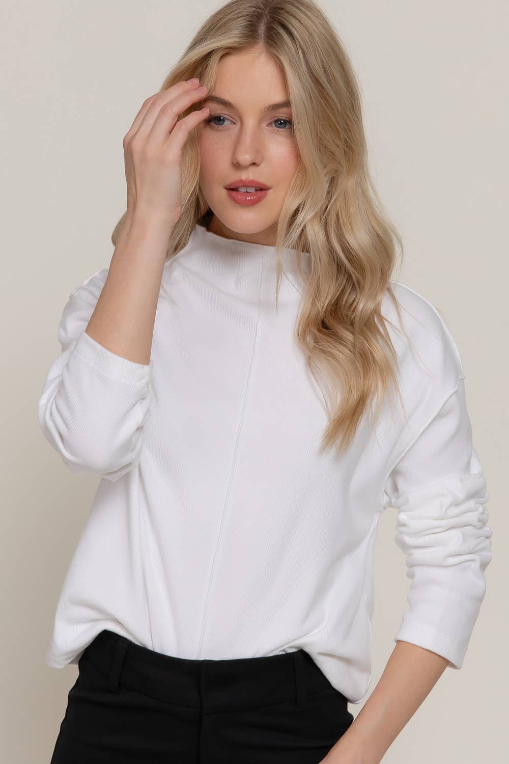 Active Basic "Frontier" Brushed Rib Mock Neck Western Top — Visible Overlocked Seams