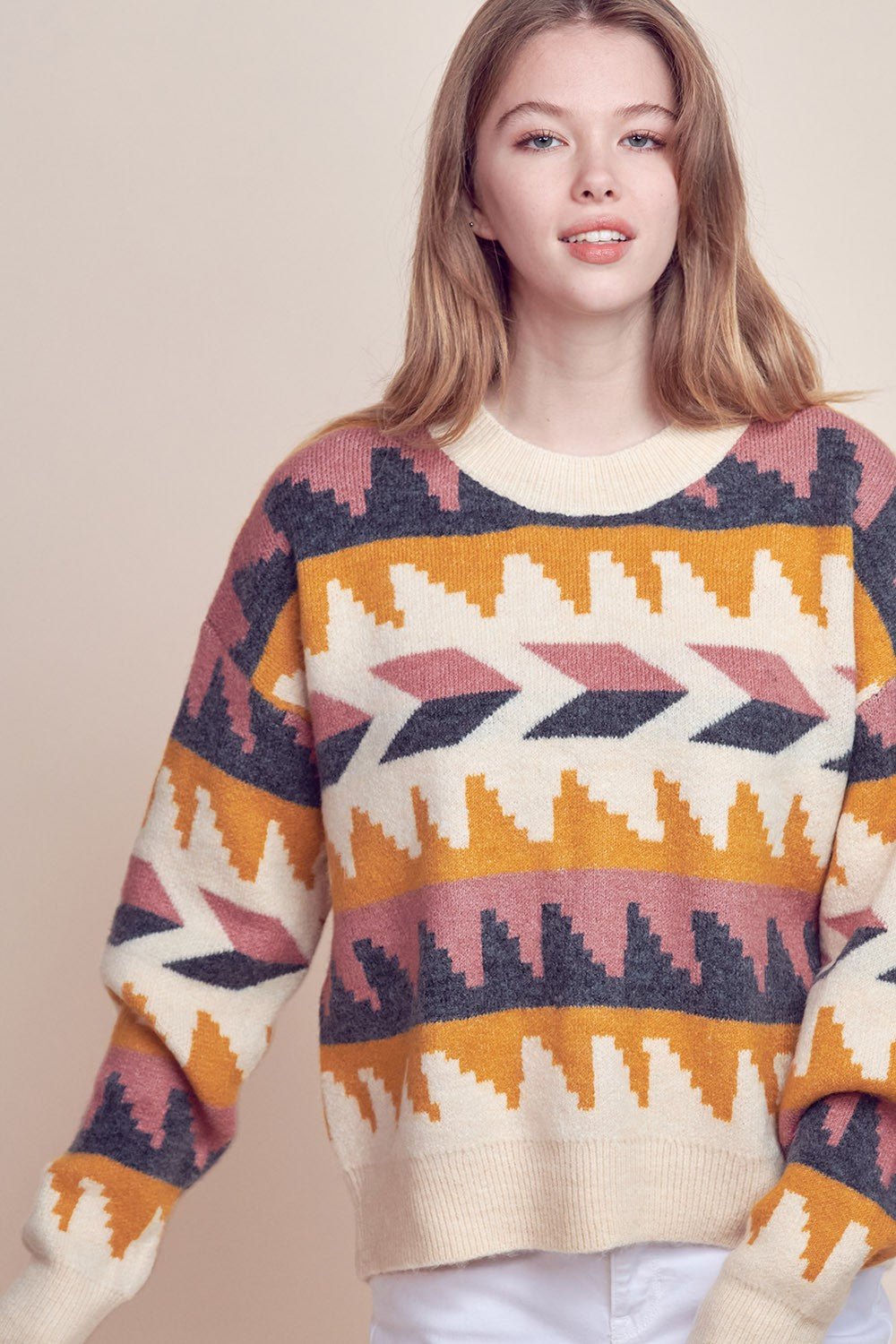 &Merci Geometric Fair Isle Western Sweater — Crew Neck