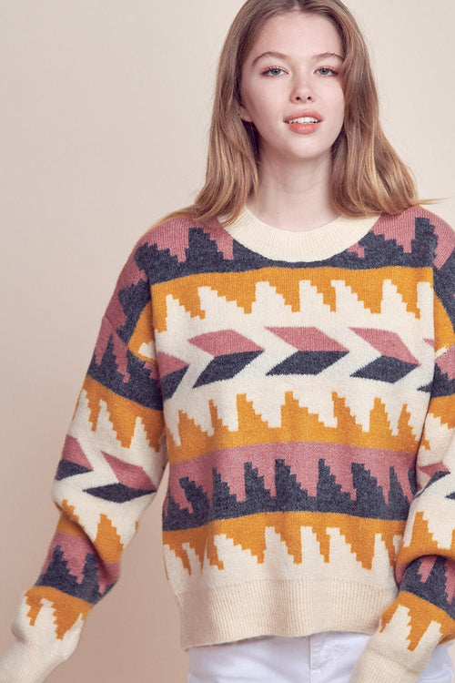 &Merci Geometric Fair Isle Western Sweater — Crew Neck