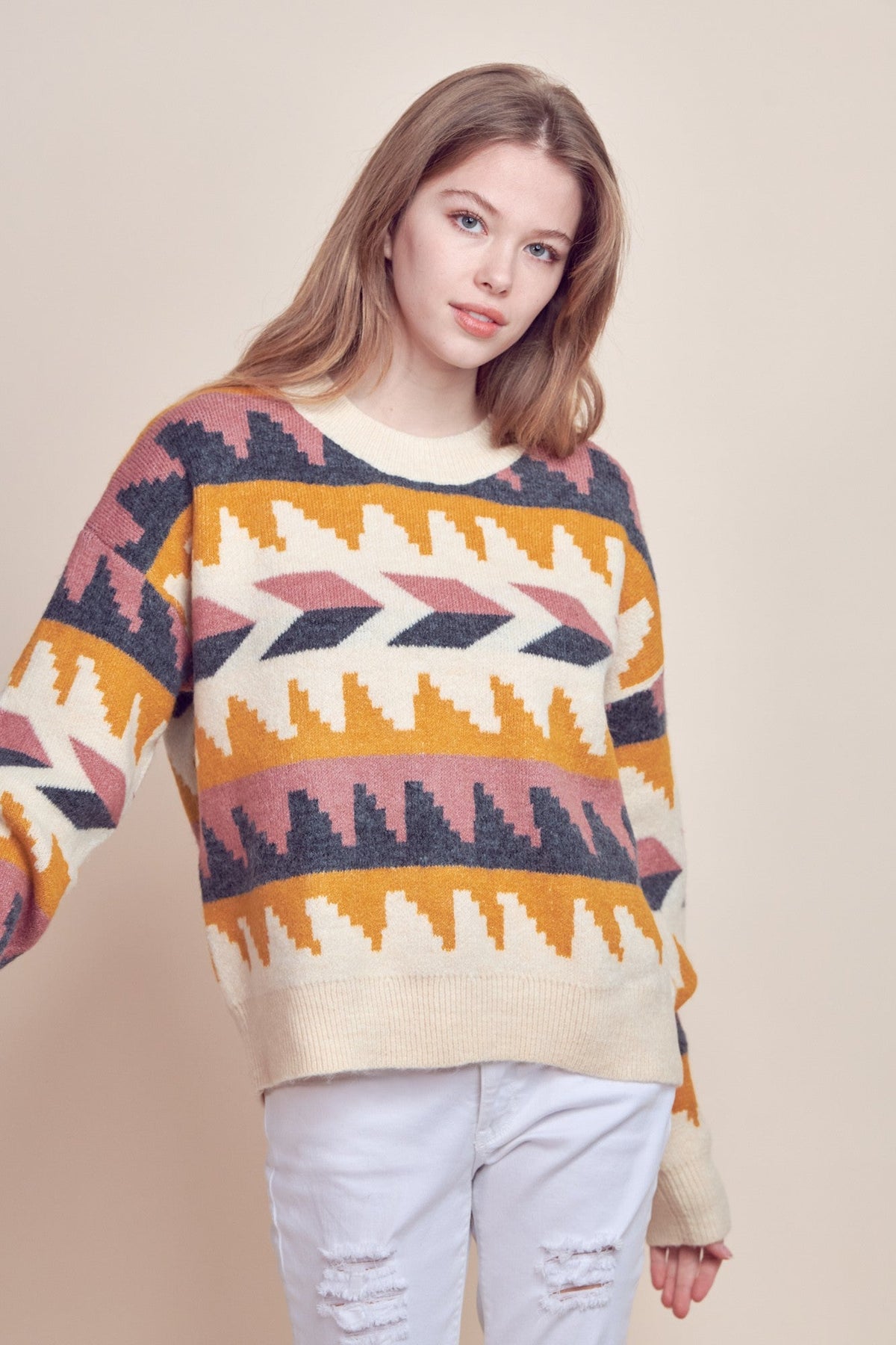 &Merci Geometric Fair Isle Western Sweater — Crew Neck