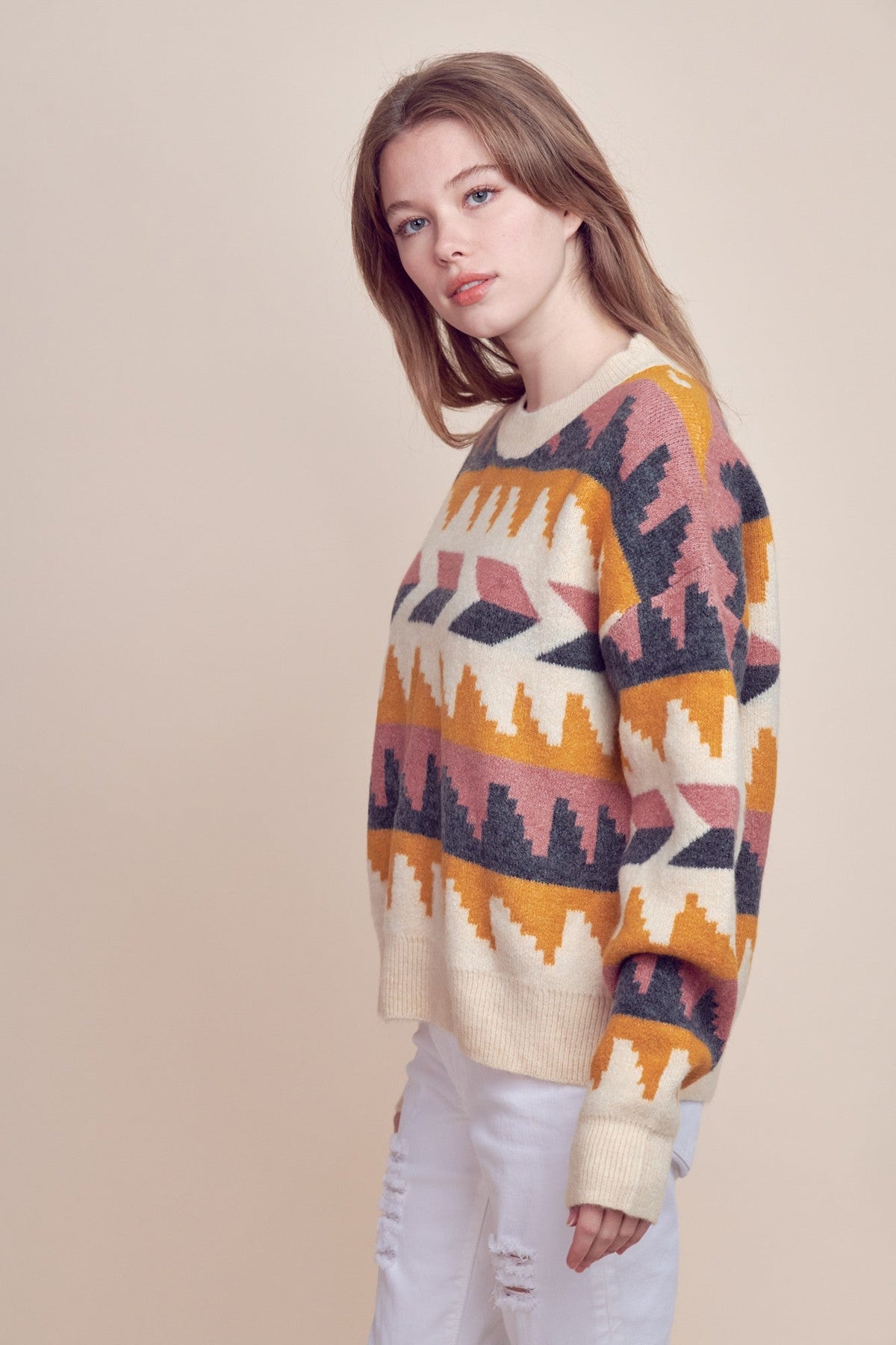 &Merci Geometric Fair Isle Western Sweater — Crew Neck