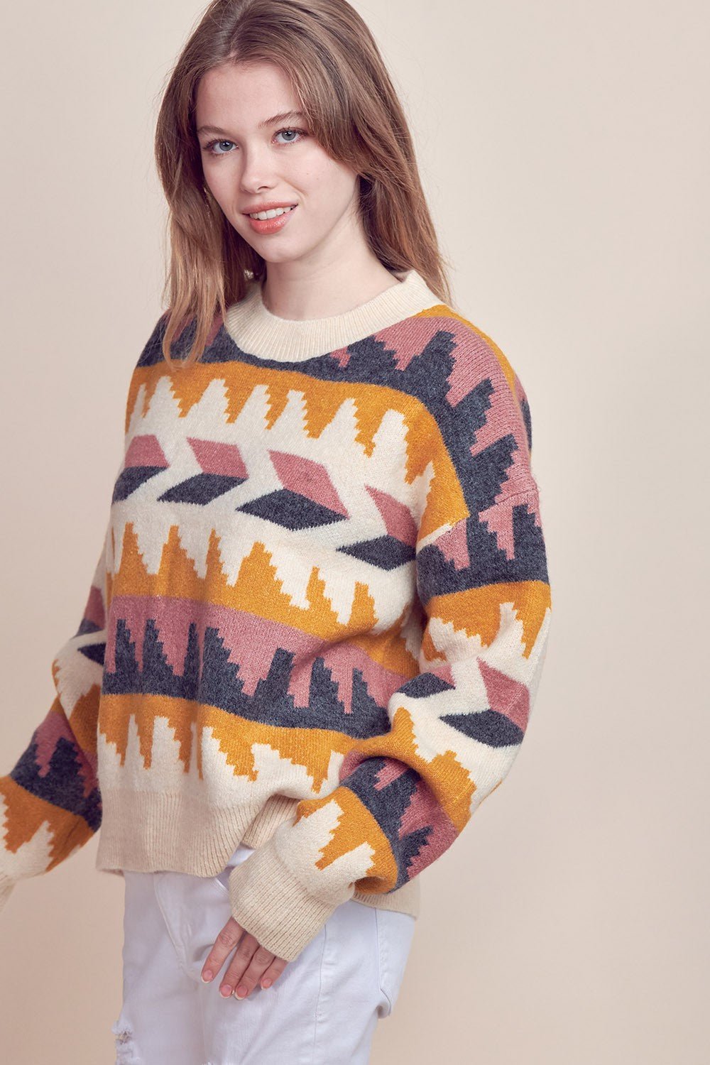 &Merci Geometric Fair Isle Western Sweater — Crew Neck