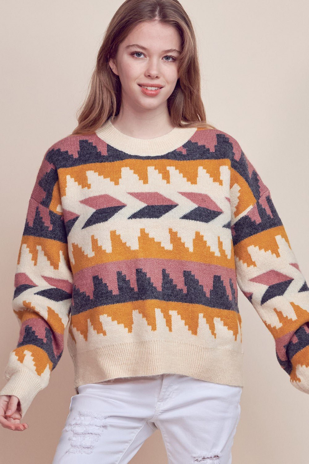 &Merci Geometric Fair Isle Western Sweater — Crew Neck