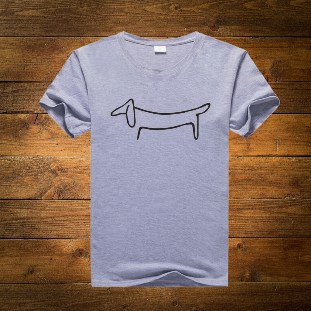 Gray Dachshund Tee Black Outline on Wood Background