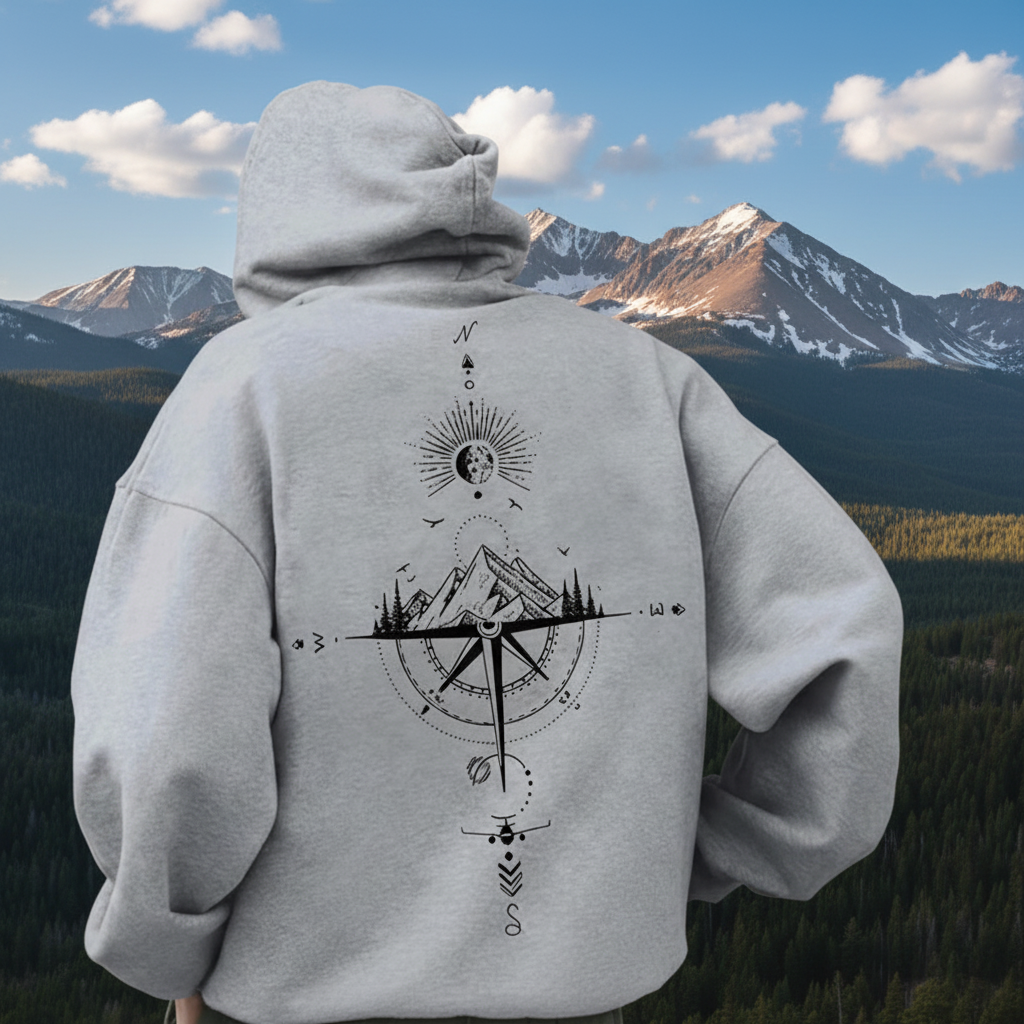 Gray Hoodie Hood Up - Colorado Mountain Background