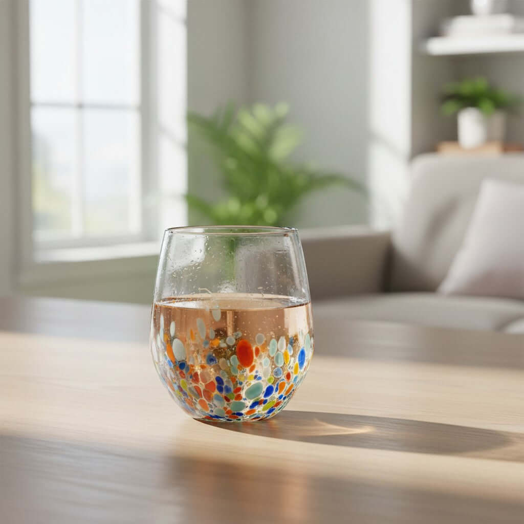 Confetti & Clear Hand-Blown Mexican Stemless Wine Glass – 12 oz