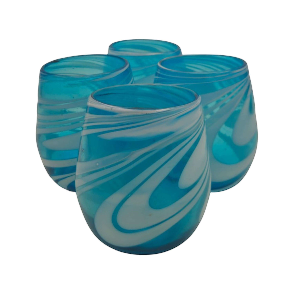 Teal & White Swirl Hand-Blown Mexican Stemless Wine Glass