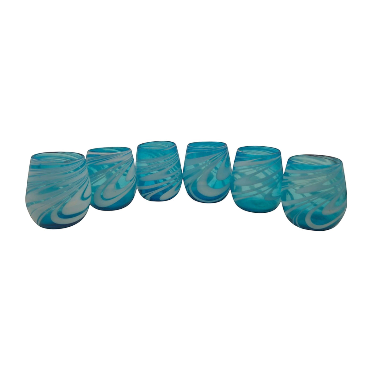 Teal & White Swirl Hand-Blown Mexican Stemless Wine Glass