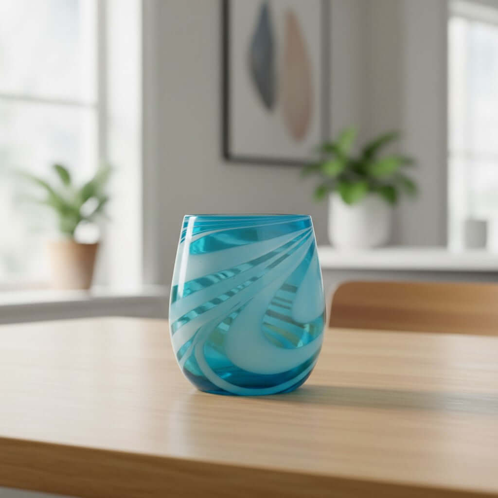Teal & White Swirl Hand-Blown Mexican Stemless Wine Glass