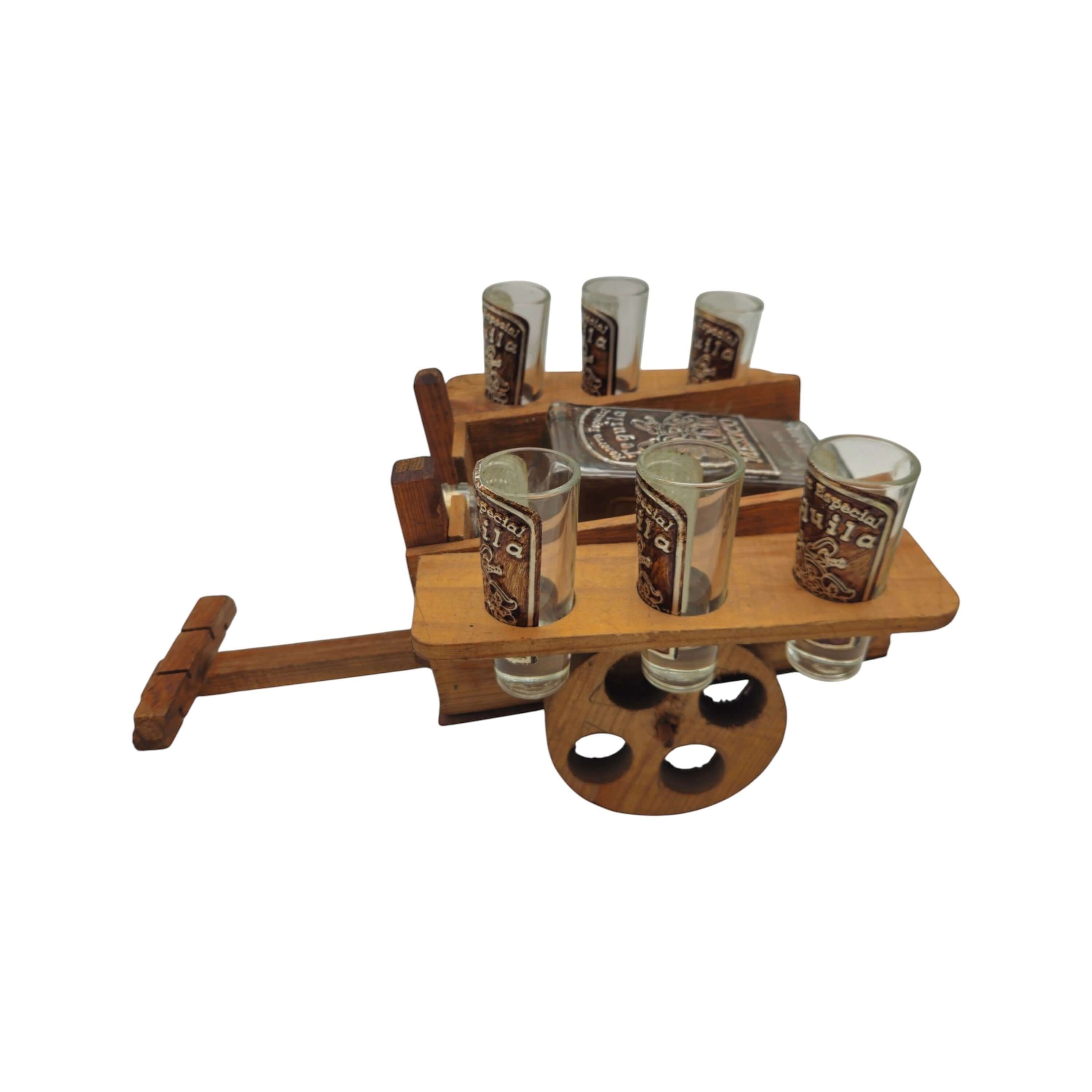 Mexican Decanter Set with Wooden Wagon