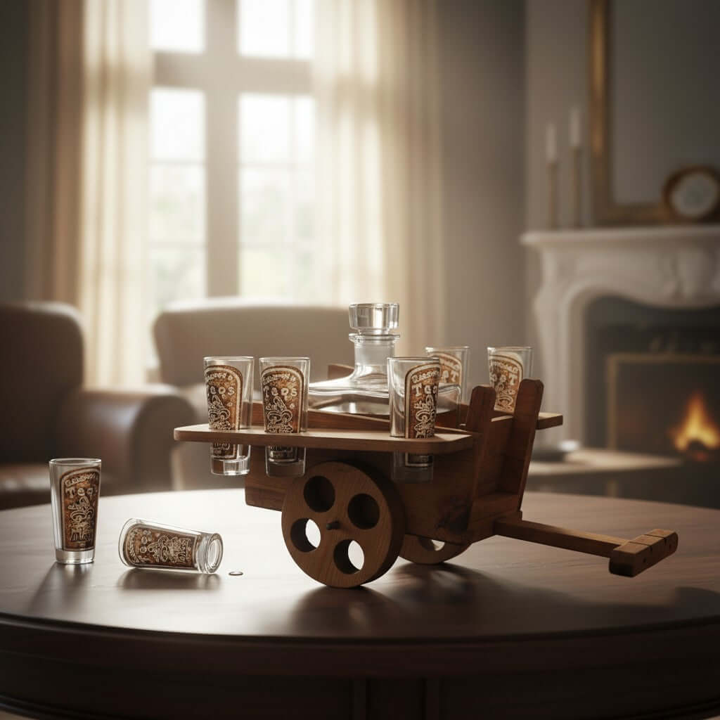 Mexican Decanter Set with Wooden Wagon