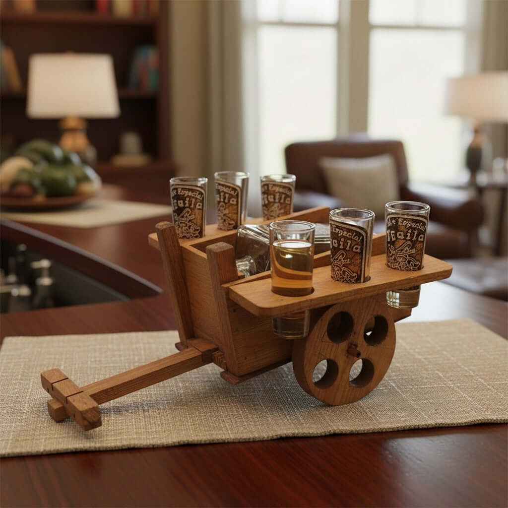 Mexican Decanter Set with Wooden Wagon