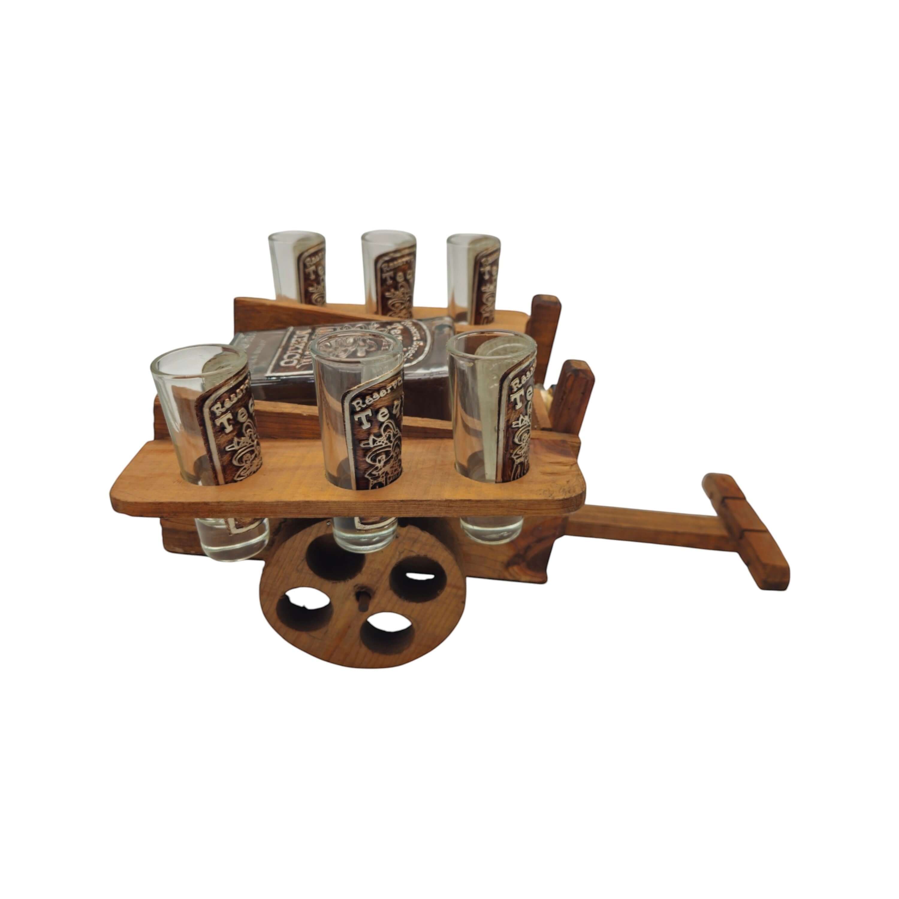 Mexican Decanter Set with Wooden Wagon