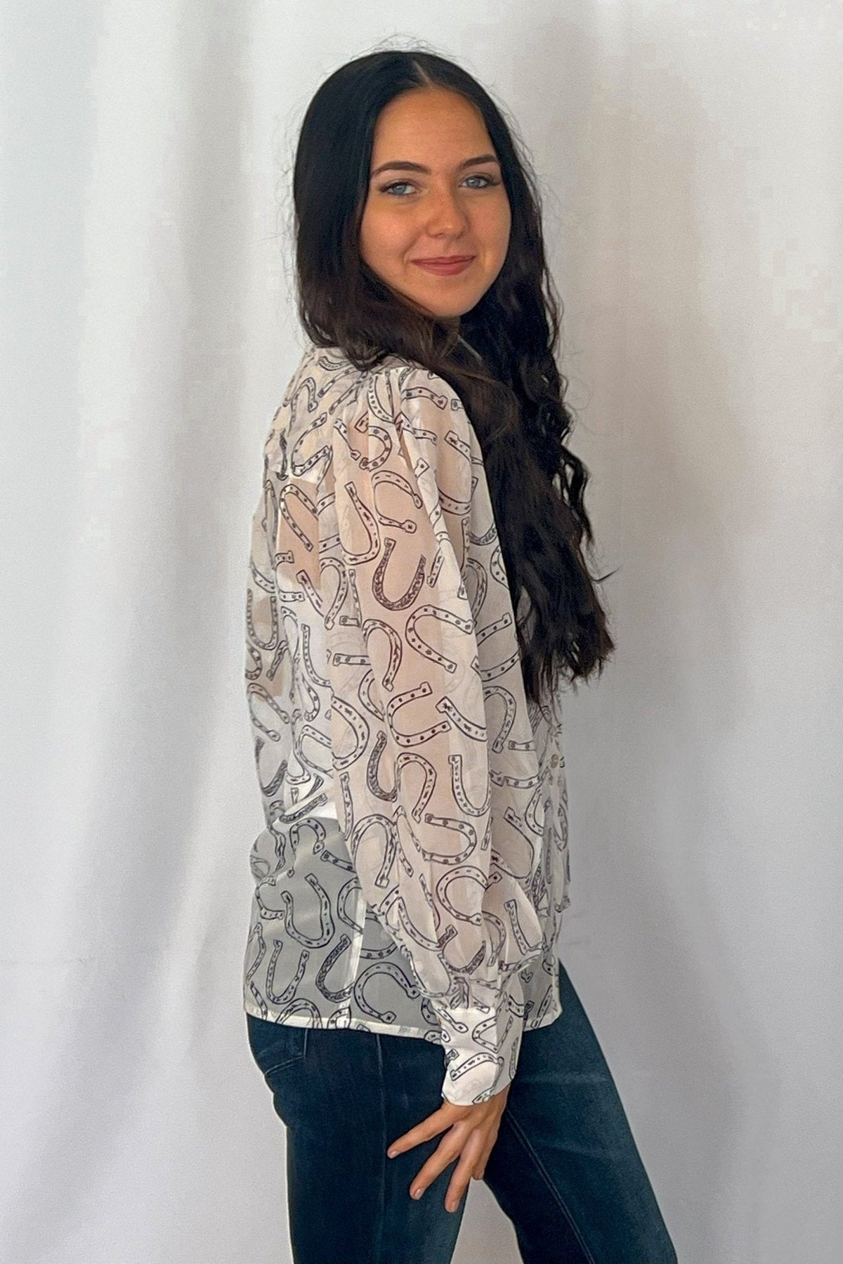 Turquoise Haven Sheer Chiffon Horseshoe Print Western Blouse — Black & White Lightweight Layering Top