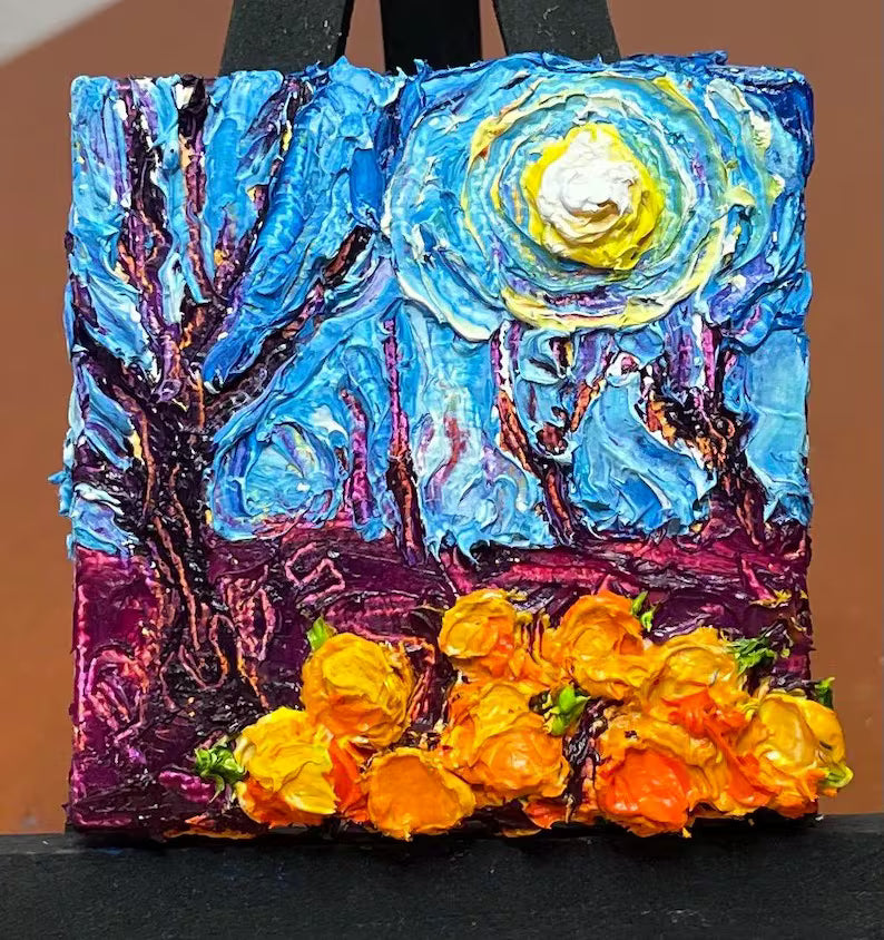 Pumpkin Patch and Full Moon Mini Oil Painting