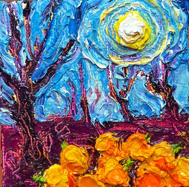 Pumpkin Patch and Full Moon Mini Oil Painting