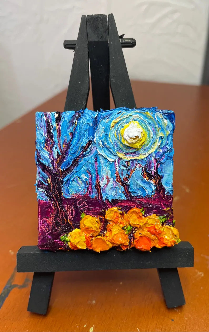 Pumpkin Patch and Full Moon Mini Oil Painting