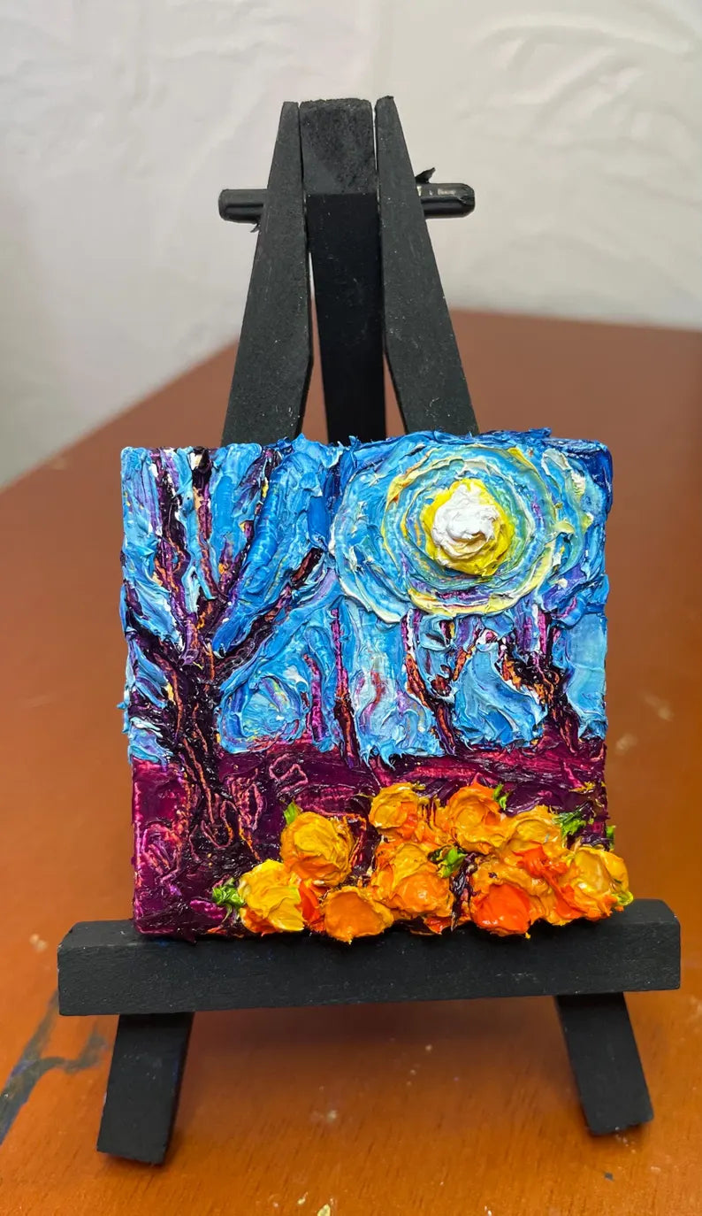 Pumpkin Patch and Full Moon Mini Oil Painting