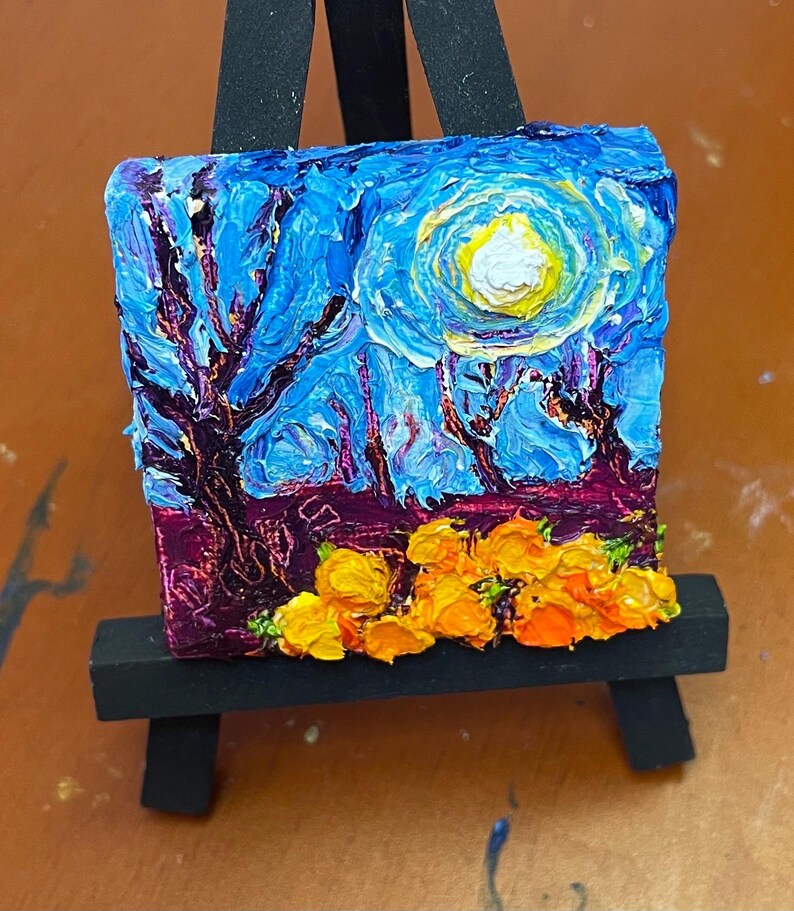 Pumpkin Patch and Full Moon Mini Oil Painting