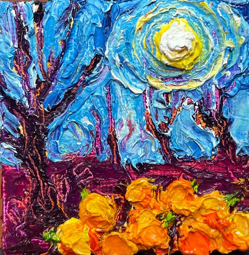 Pumpkin Patch and Full Moon Mini Oil Painting