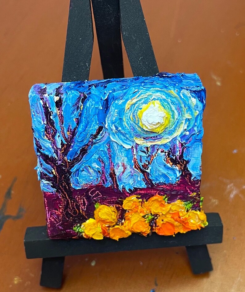 Pumpkin Patch and Full Moon Mini Oil Painting
