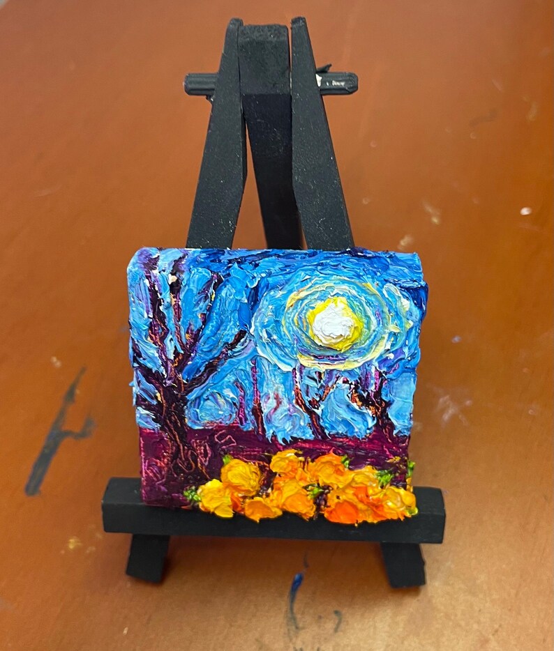 Pumpkin Patch and Full Moon Mini Oil Painting