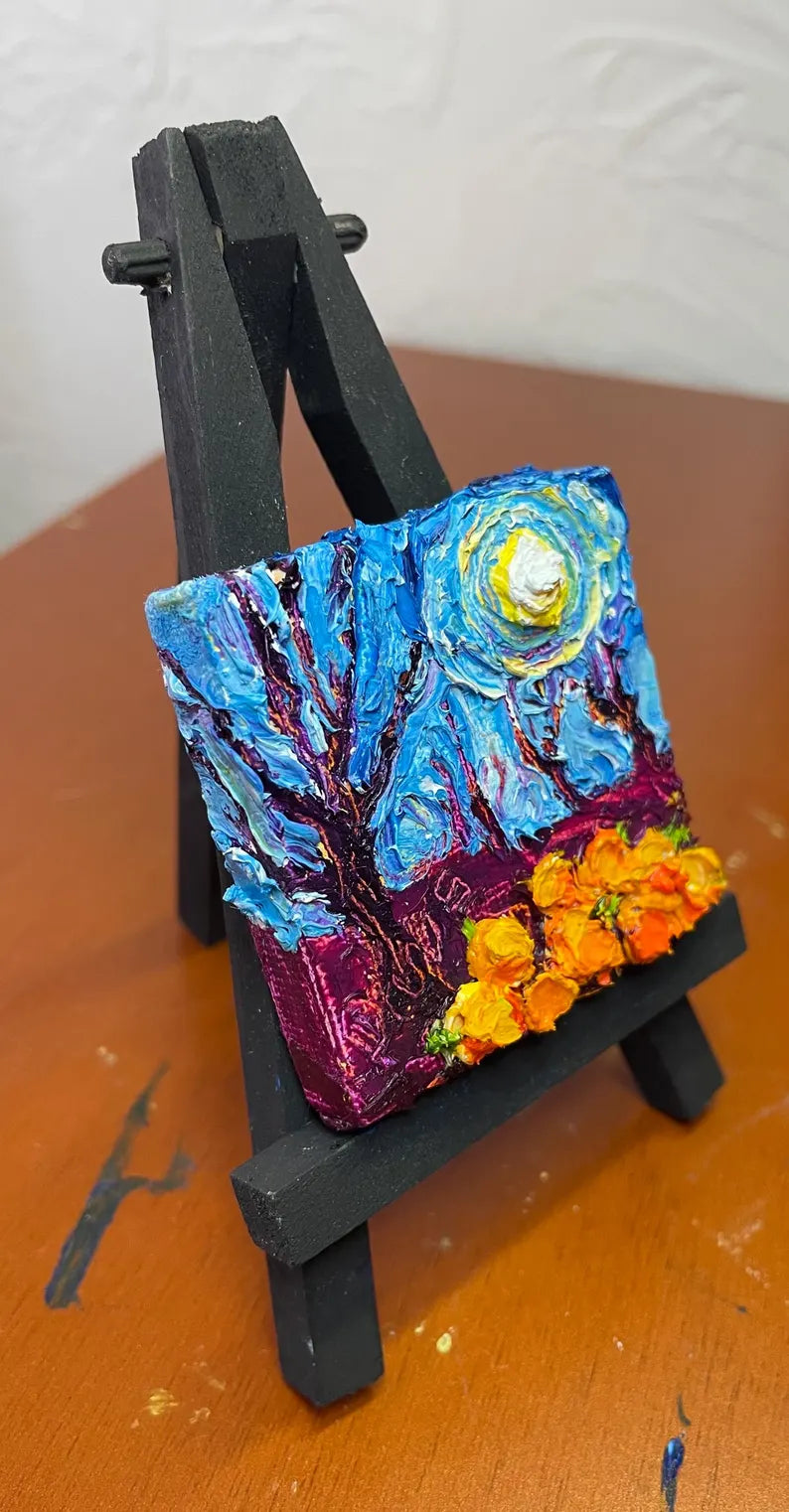 Pumpkin Patch and Full Moon Mini Oil Painting