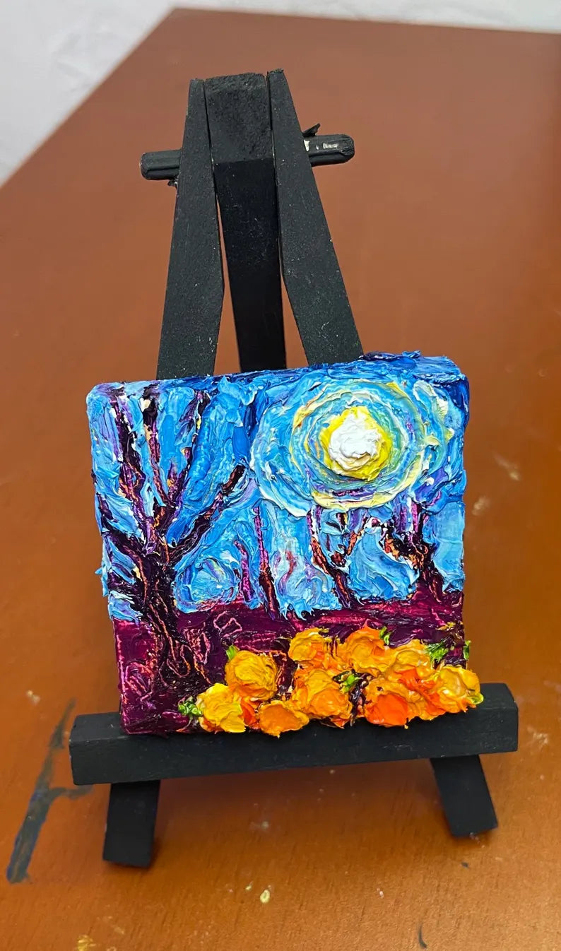 Pumpkin Patch and Full Moon Mini Oil Painting