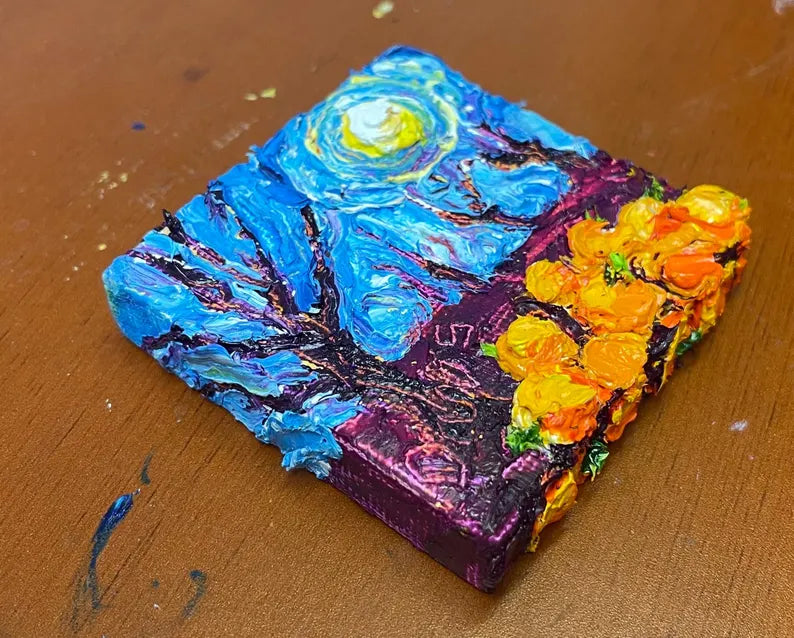 Pumpkin Patch and Full Moon Mini Oil Painting