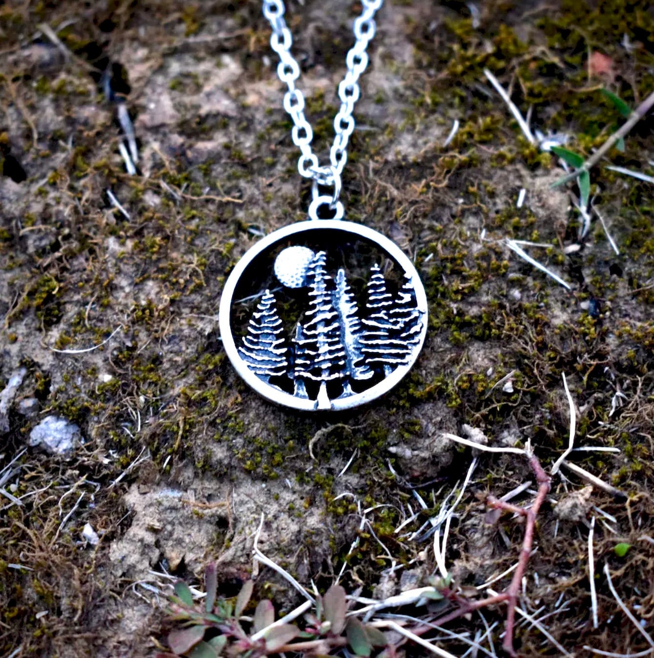 Pine Tree & Moon Necklace & Earring Set