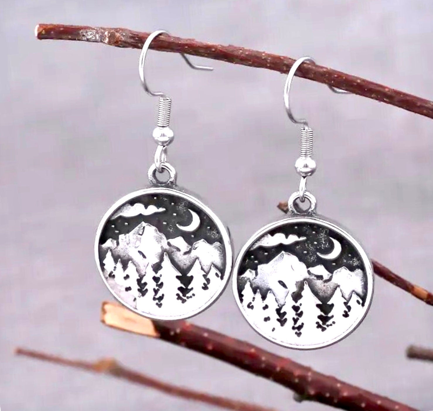 Mountain Moon & Stars Drop Earrings
