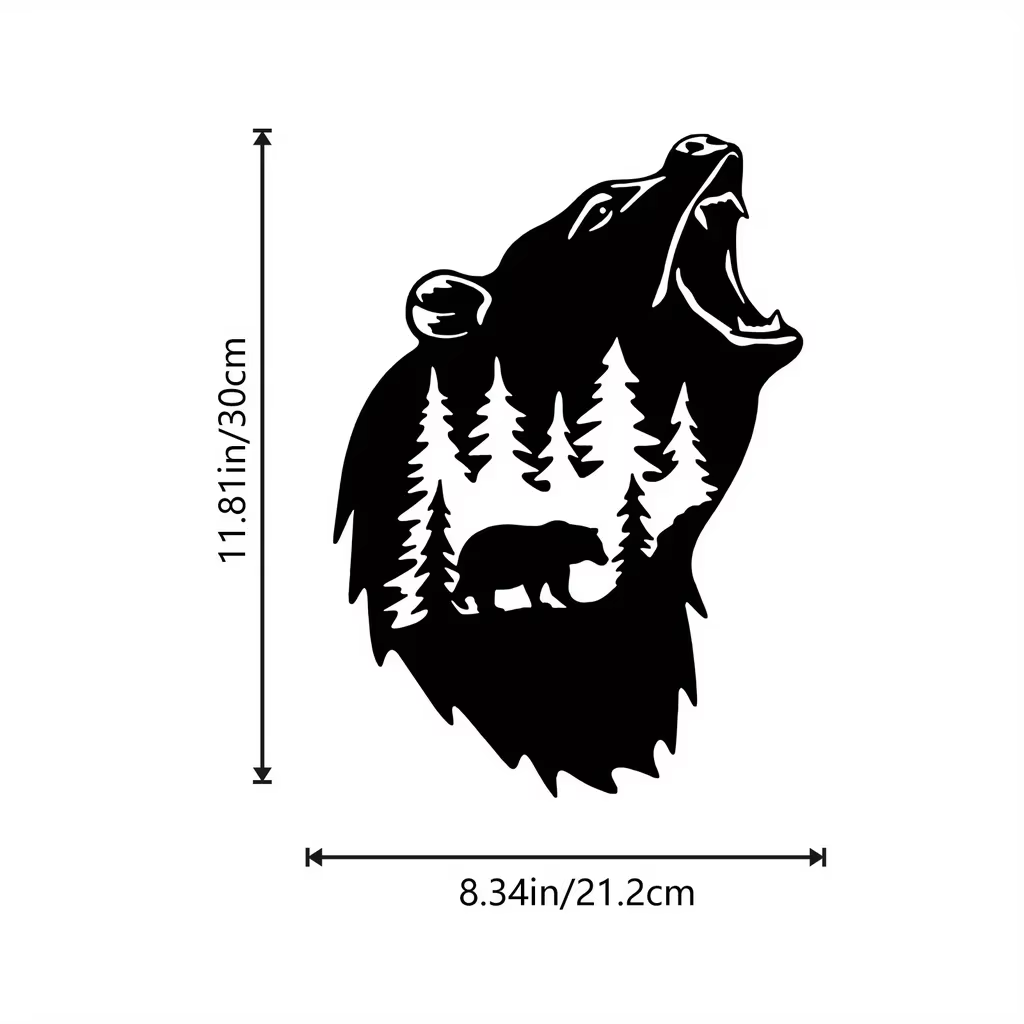 Roaring bear head metal wall art with pine forest scene inside — 8.34 inches wide by 11.81 inches tall, matte black