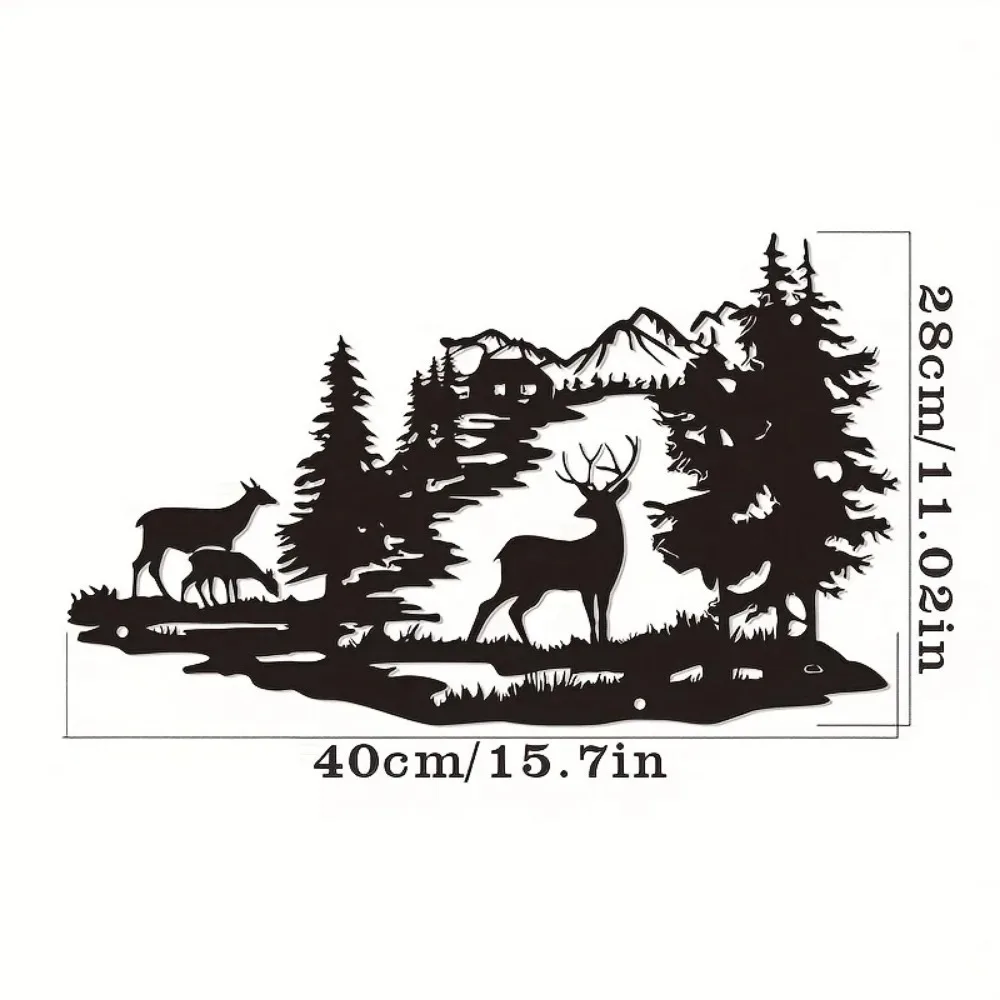 Deer family mountain stream metal wall art — 15.7 inches wide by 11.02 inches tall, matte black, with cabin and pine forest scene