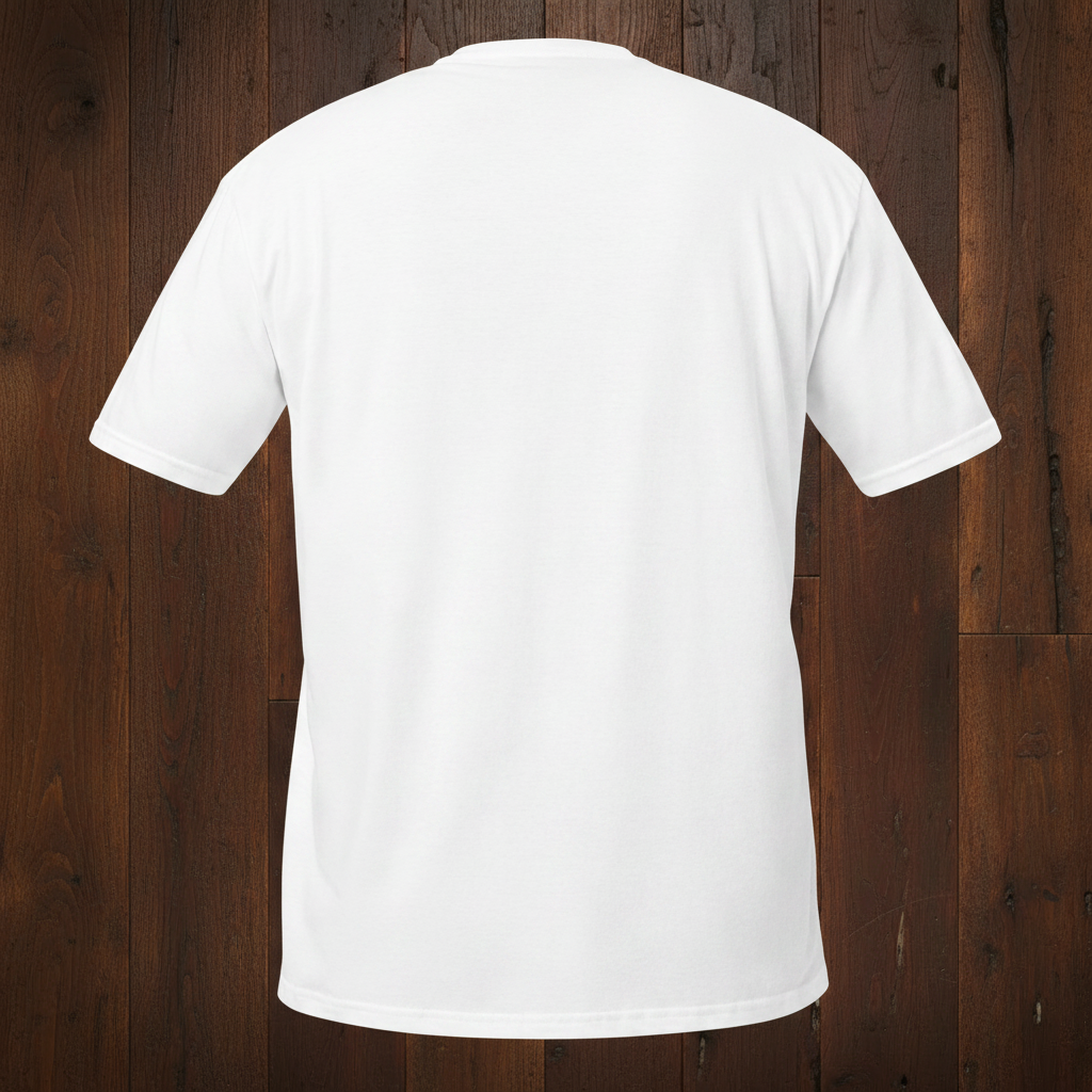 Meegan Mountain White Tee Back on Dark Wood