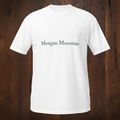 Meegan Mountain White Tee on Dark Wood