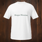 Meegan Mountain White Tee on Dark Wood