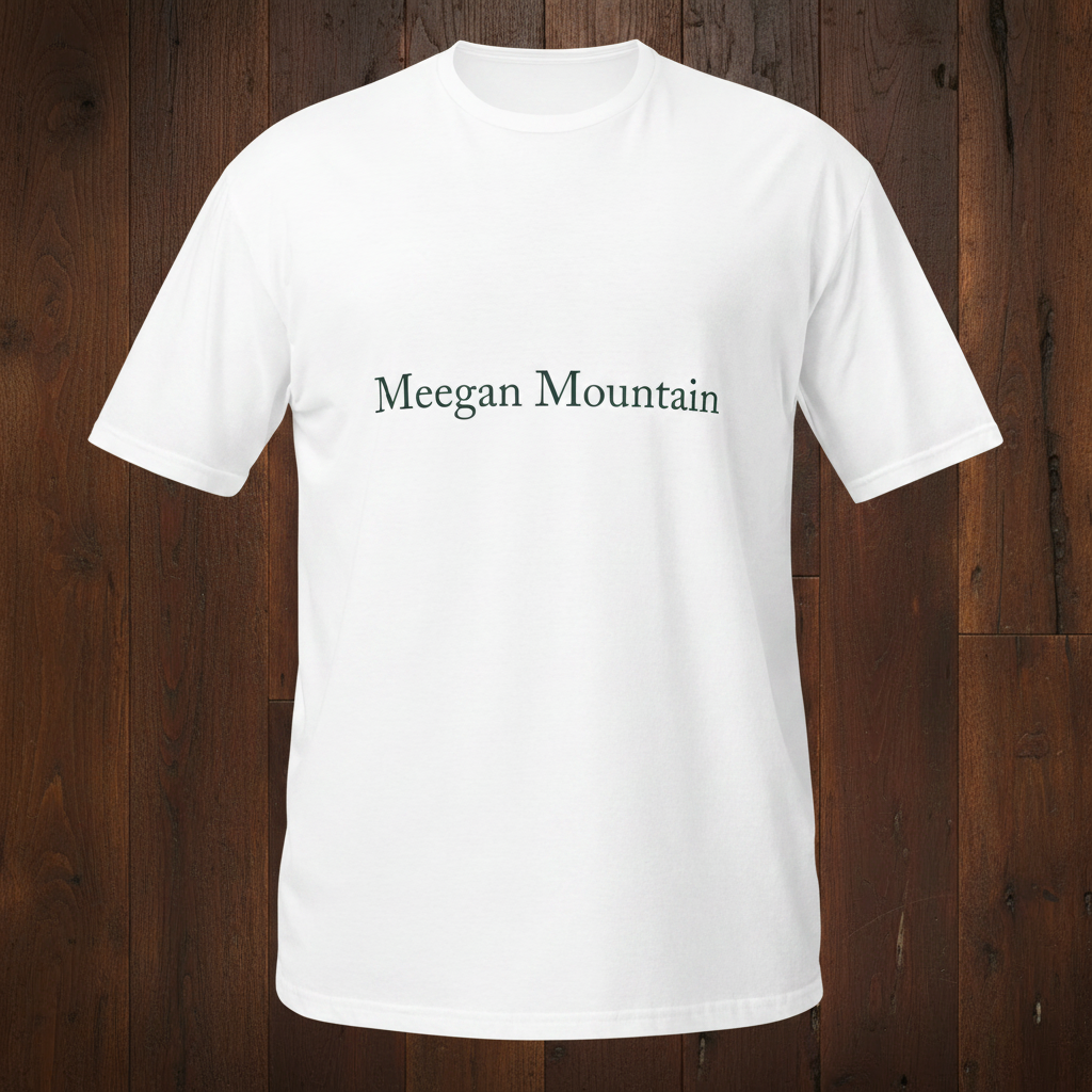 Meegan Mountain White Tee on Dark Wood