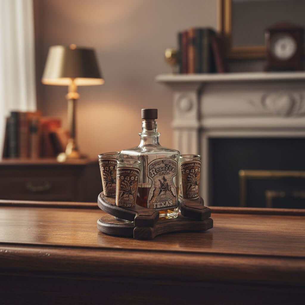 Mexican Hand-Blown Glass Decanter & 4 Shot Glasses – Horseshoe Stand