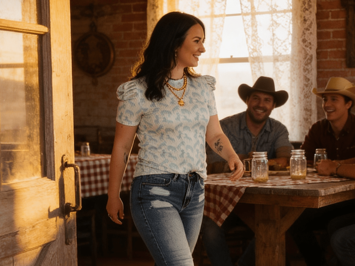 LUCKY & BLESSED Mint Horse Print Puff Sleeve Western Ribbed Top