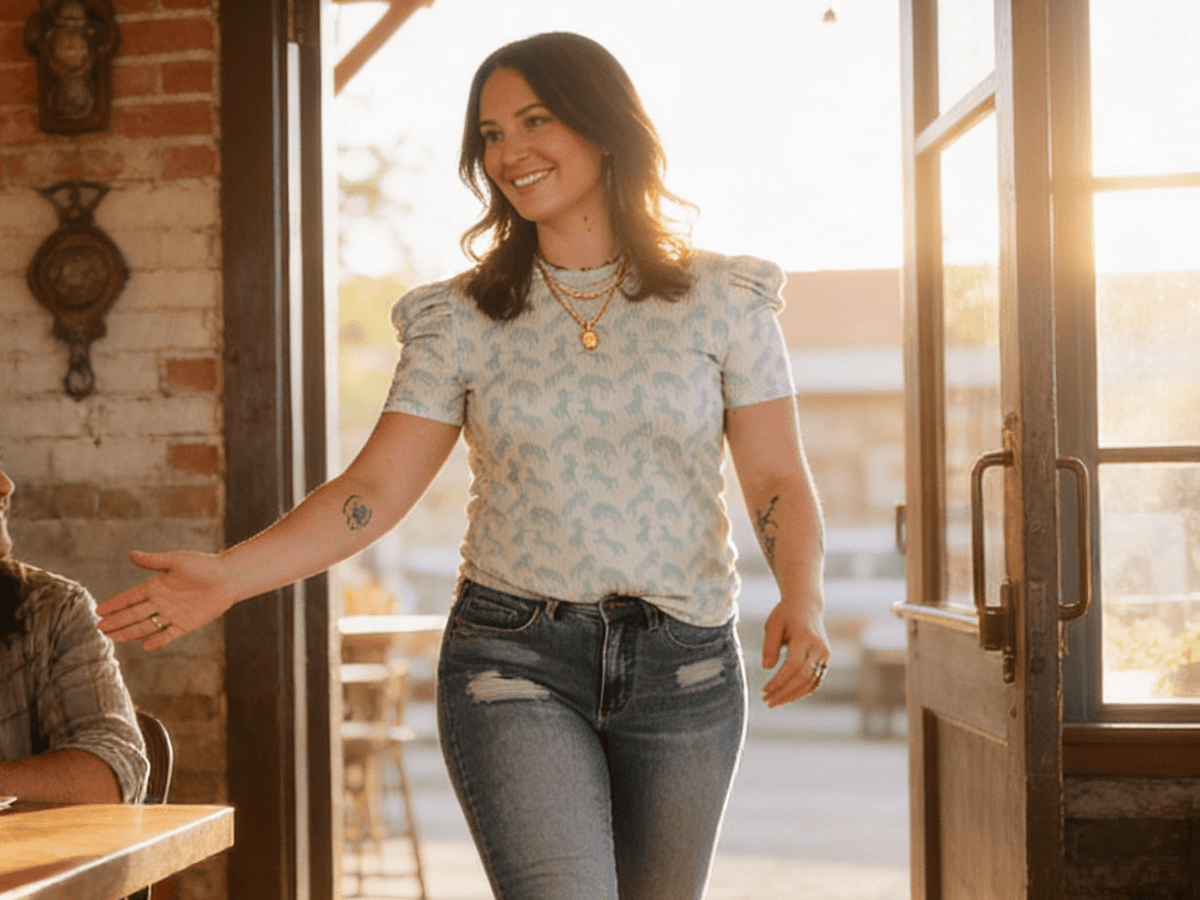 LUCKY & BLESSED Mint Horse Print Puff Sleeve Western Ribbed Top