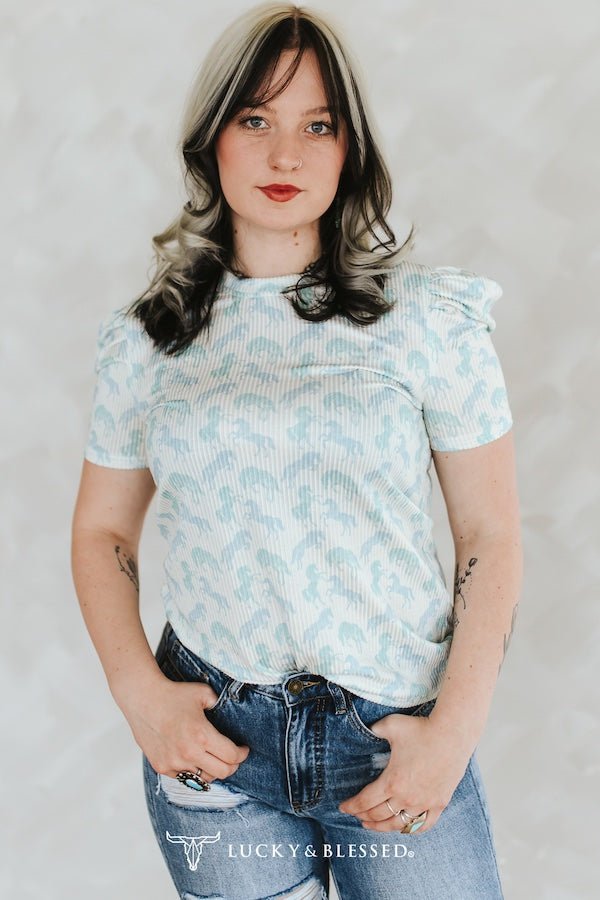 LUCKY & BLESSED Mint Horse Print Puff Sleeve Western Ribbed Top