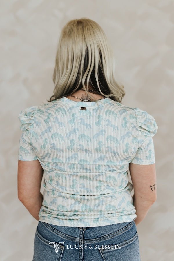 LUCKY & BLESSED Mint Horse Print Puff Sleeve Western Ribbed Top