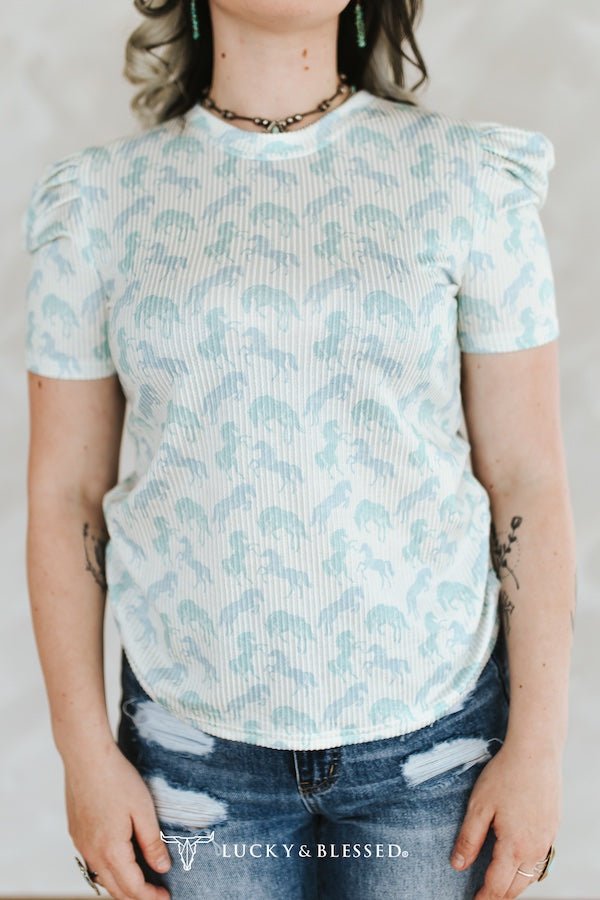 LUCKY & BLESSED Mint Horse Print Puff Sleeve Western Ribbed Top