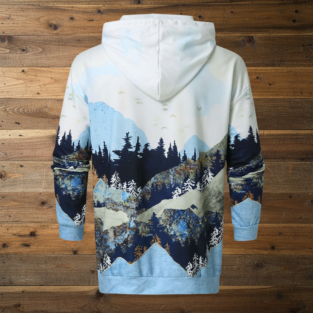 Mountain Forest Hoodie Back on Wood Backdrop