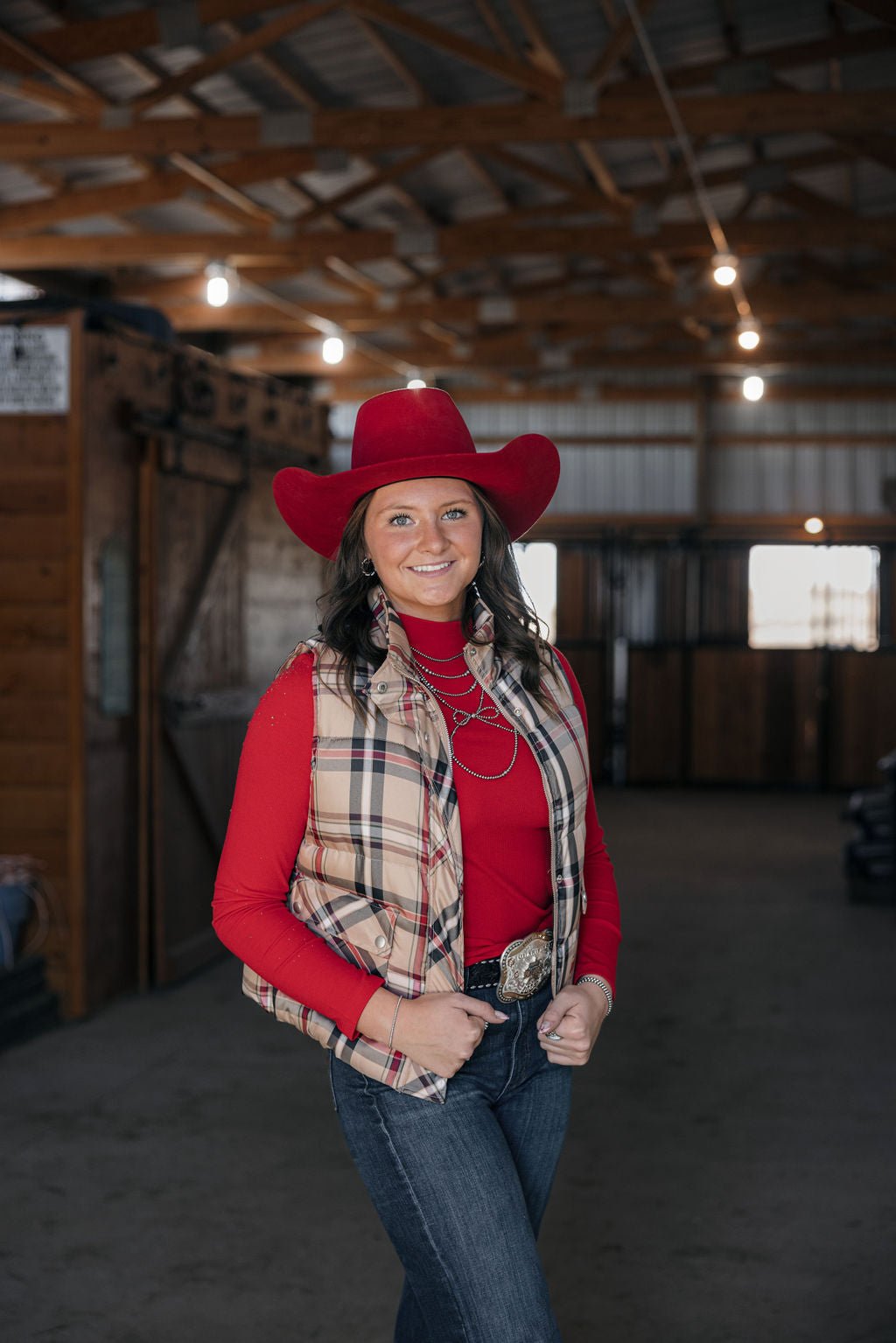 Jodifl Plaid Check Print Padded Western Vest — High Collar with Zipper & Snap Closure