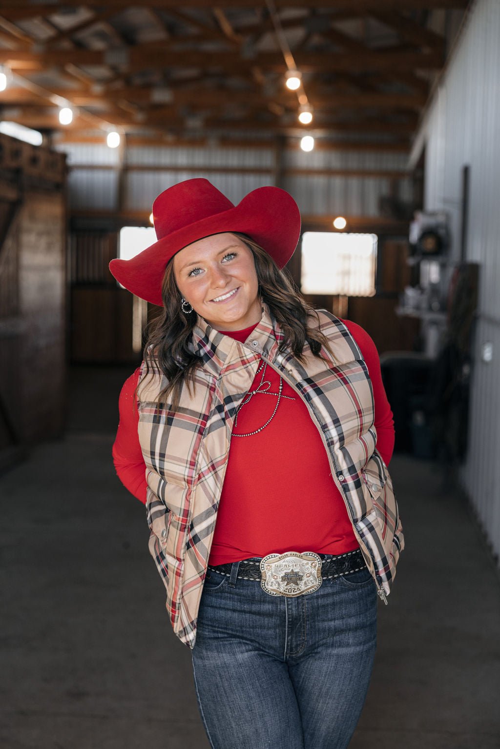 Jodifl Plaid Check Print Padded Western Vest — High Collar with Zipper & Snap Closure