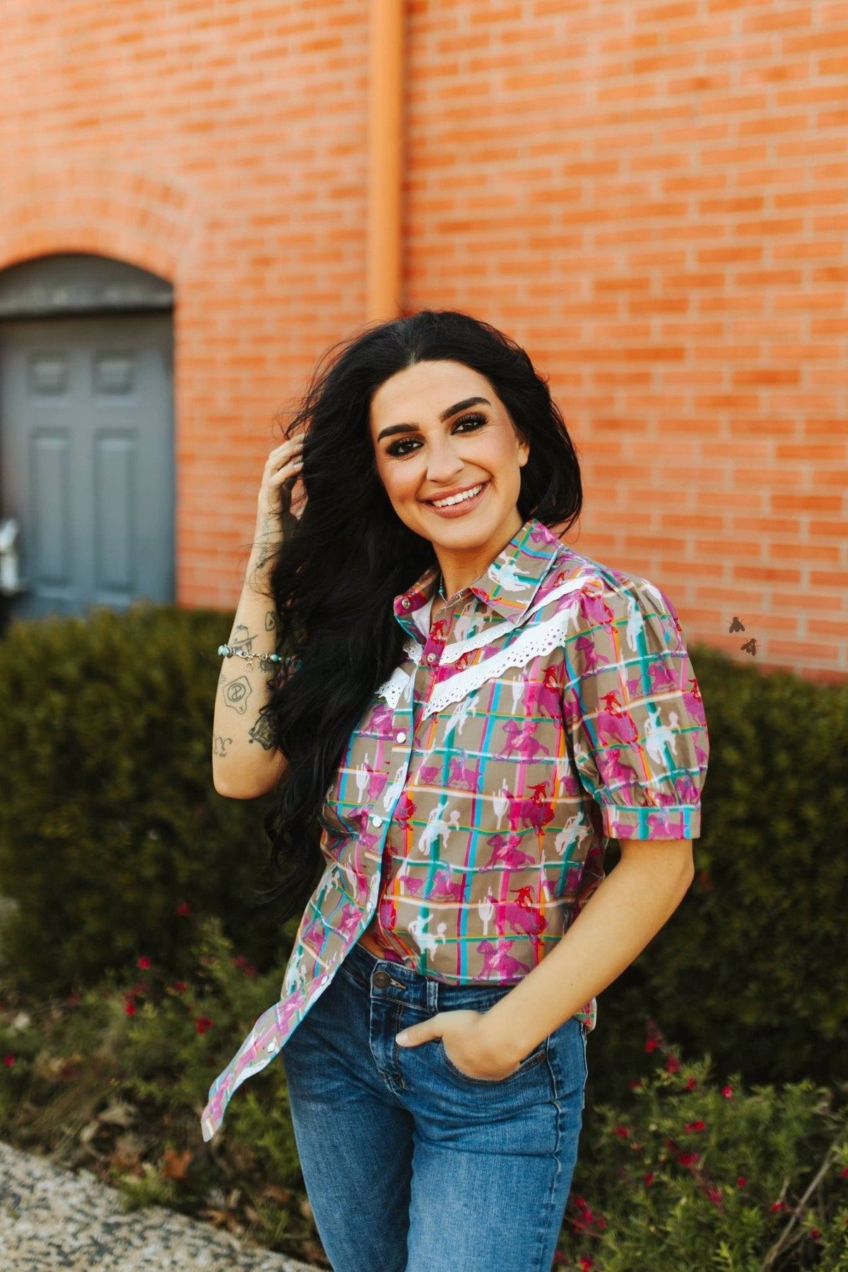 2 Fly Co "Plaid Posse" Western Top — Multi-Color Plaid with Lace Detail