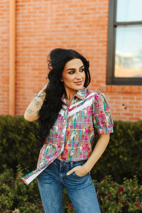 2 Fly Co "Plaid Posse" Western Top — Multi-Color Plaid with Lace Detail
