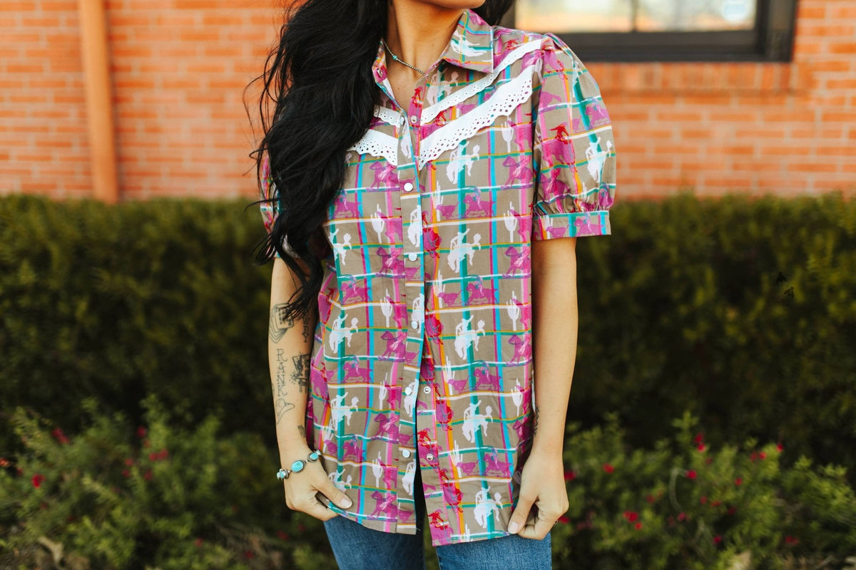 2 Fly Co "Plaid Posse" Western Top — Multi-Color Plaid with Lace Detail