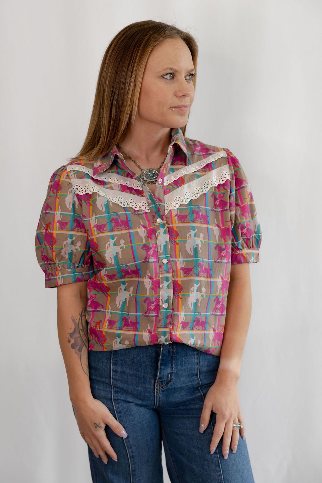 2 Fly Co "Plaid Posse" Western Top — Multi-Color Plaid with Lace Detail